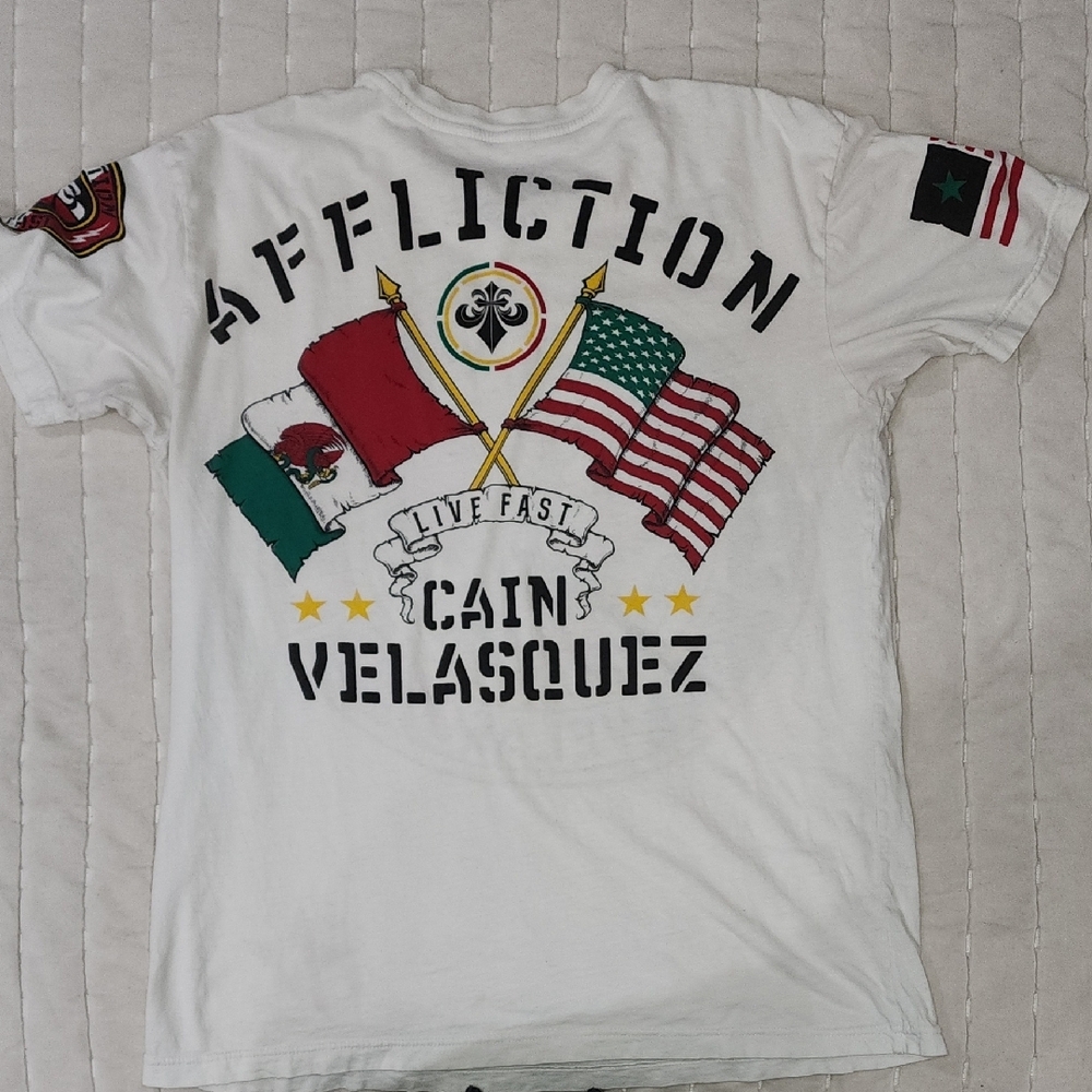 Affliction White and Red Short Sleeve Tee with Flags and Cain Velasquez Design